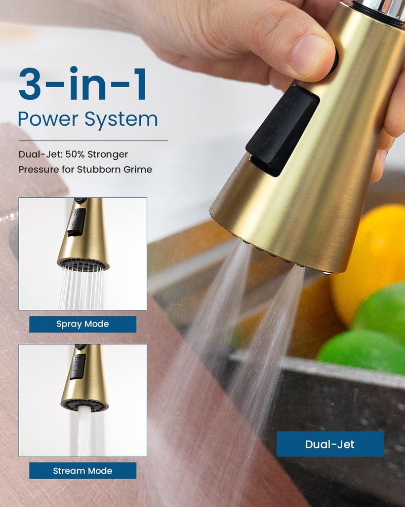 DAYONE 2 Handle Kitchen Faucet with Pull Down Sprayer, 4 Hole Sink Faucets with Separate Handle for Kitchen RV Laundry Bar, 3 Modes, SUS304 Stainless Steel, Brushed Gold - Image 4